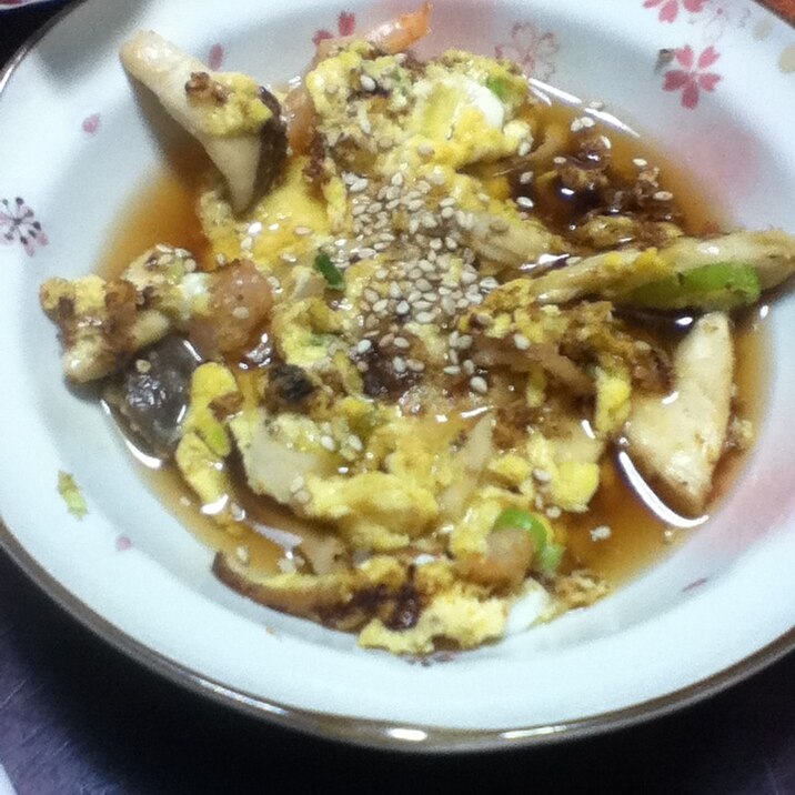 黒酢餡かけde小エビとエリンギの卵焼き。